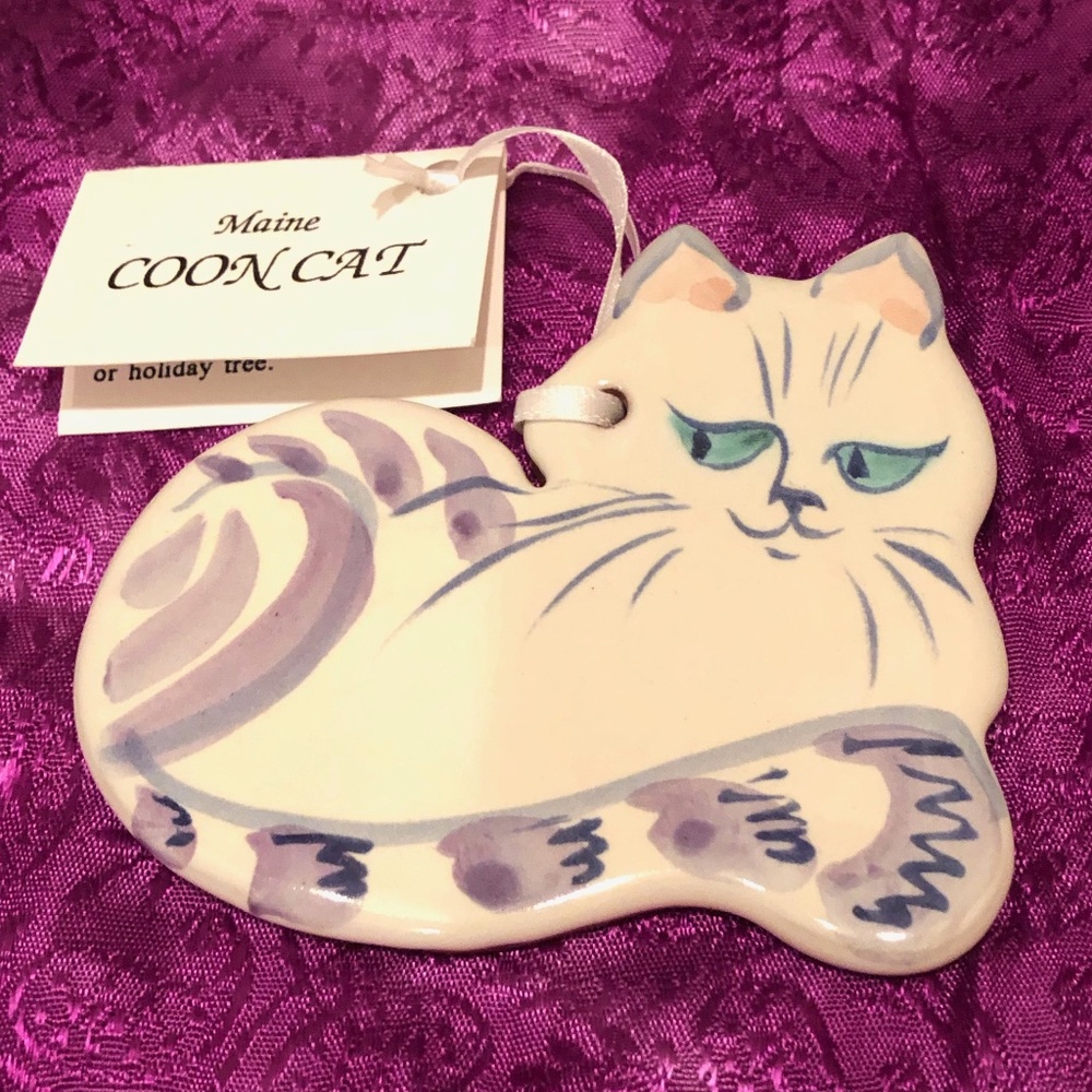 2 Maine Coon Cat Ornaments Handmade Pottery from Maine